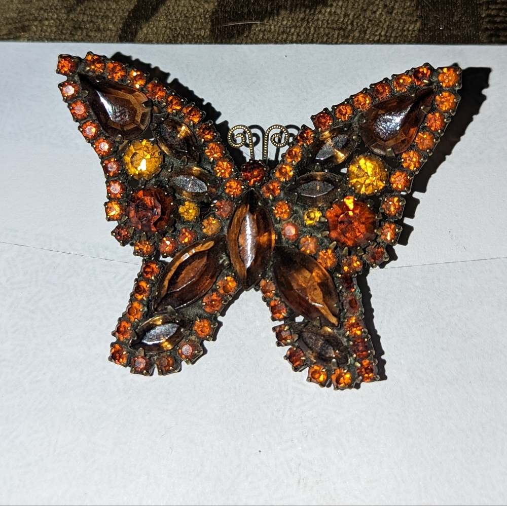 Vintage Signed Weiss Multi Color Rhinestone Butterfly Brooch Pin